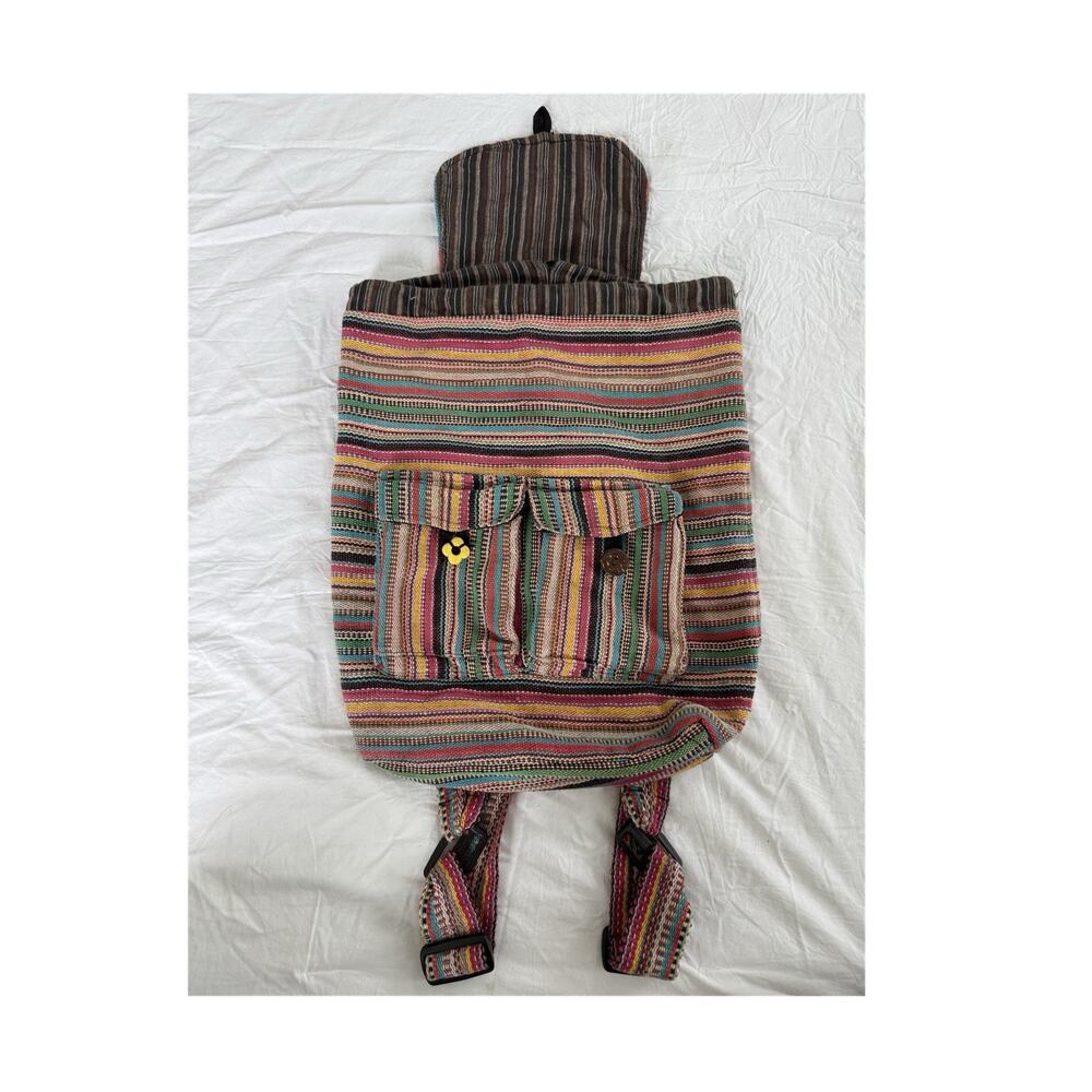 Handmade in Nepal Cotton Multicolor Striped Drawstring Backpack Boho Hippy